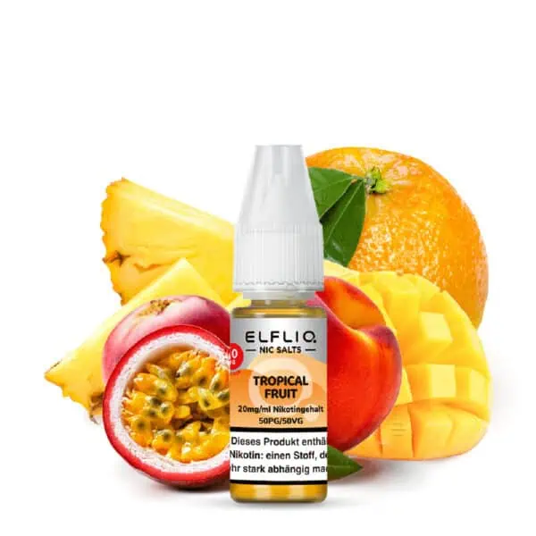 ELFLIQ Tropical Fruit Nikotinsalz Liquid mit 20 mg/ml Nikotingehalt – E-Liquid-Flasche vor exotischen Früchten wie Ananas, Mango, Maracuja, Orange und Pfirsich auf weißem Hintergrund