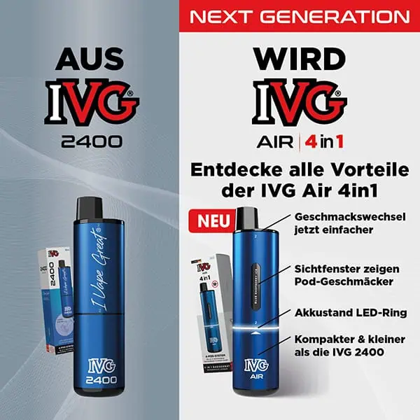 IVG Air Pods Bundle 4in1 – Produktvergleich zwischen IVG 2400 und dem neuen IVG Air 4in1, mit Vorteilen wie Geschmackwechsel, Sichtfenster, LED-Ring und kompakterem Design für elfbar-vapes.eu