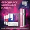 Marry Jane Pods – Nikotinhaltige vorbefüllte Pods in verschiedenen Geschmacksrichtungen wie Passion Fruit, modernes Werbemotiv mit Geräten und Verpackungen für elfbar-vapes.eu