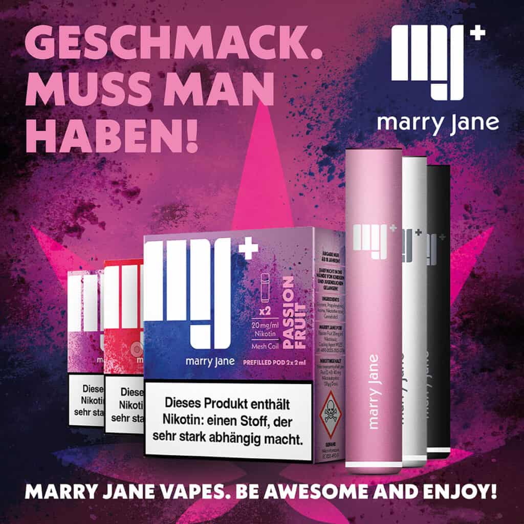 Marry Jane Pods – Nikotinhaltige vorbefüllte Pods in verschiedenen Geschmacksrichtungen wie Passion Fruit, modernes Werbemotiv mit Geräten und Verpackungen für elfbar-vapes.eu