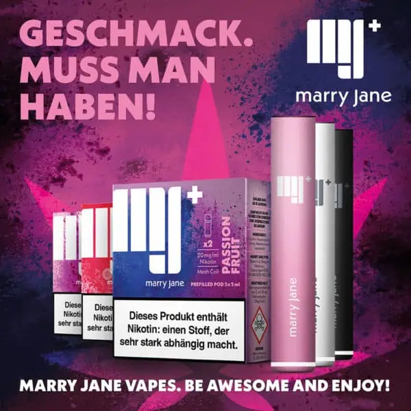 Marry Jane Pods – Nikotinhaltige vorbefüllte Pods in verschiedenen Geschmacksrichtungen wie Passion Fruit, modernes Werbemotiv mit Geräten und Verpackungen für elfbar-vapes.eu