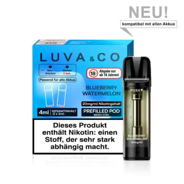 Genieße den frischen Geschmack von Blaubeeren und Wassermelone mit dem Luva & Co Blueberry Watermelon – 20 mg/ml Pod. Ideal für Dampfer, die einen intensiven Nikotinkick und ein fruchtiges Dampferlebnis suchen. Einfach zu verwenden und perfekt für unterwegs.